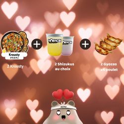 Combo street food asiatique comprenant 2 Krousty, 2 boissons Shizukus et 2 portions de Gyozas au poulet.