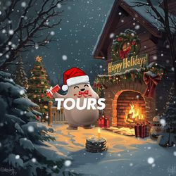 Scène hivernale devant une cheminée décorée avec un personnage et un sapin de Noël sous la neige