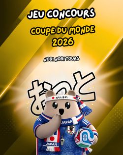 Concours pour la Coupe du Monde 2026 organisé par Nobi Nobi Tours avec mascotte japonaise tenant un ballon de foot.