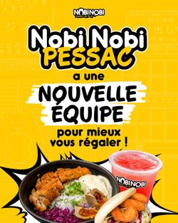 Affiche du restaurant Nobi Nobi avec un plat asiatique, une boisson et un message sur la nouvelle équipe.