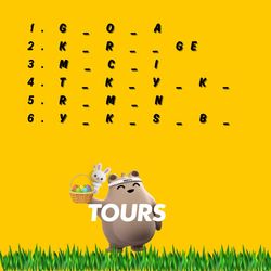 Palabras con letras faltantes y un personaje animado con canasta de huevos sobre fondo amarillo para Nobi Nobi Tours