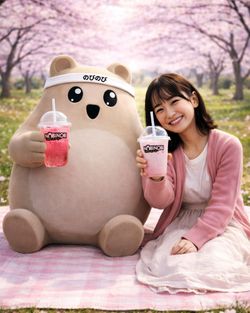 Personne et mascotte tenant des bubble tea de Nobi Nobi Tours dans un parc avec des cerisiers en fleurs en arrière-plan.