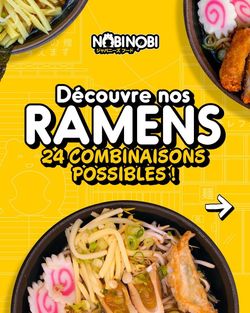 Bol de ramen avec fromage, cacahuètes, et légumes, mettant en avant le restaurant Nobi Nobi et ses 24 combinaisons.