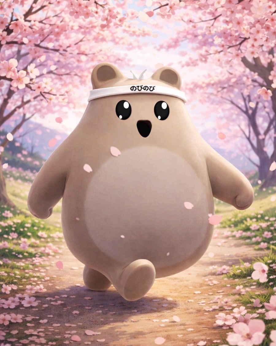 Cute animated bear character with a headband, walking on a path surrounded by pink cherry blossom trees.