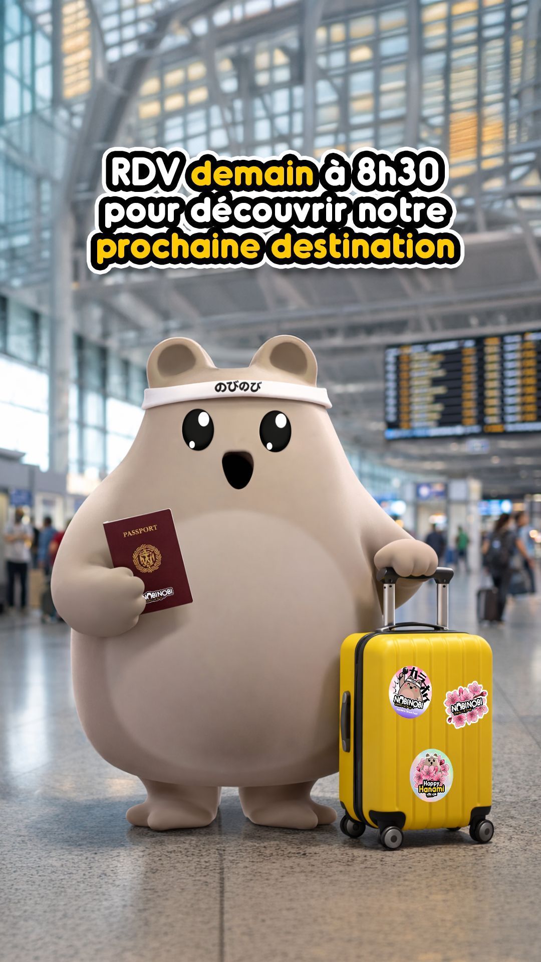 Mascot character holding a passport and yellow suitcase with stickers at a train station in Bordeaux.