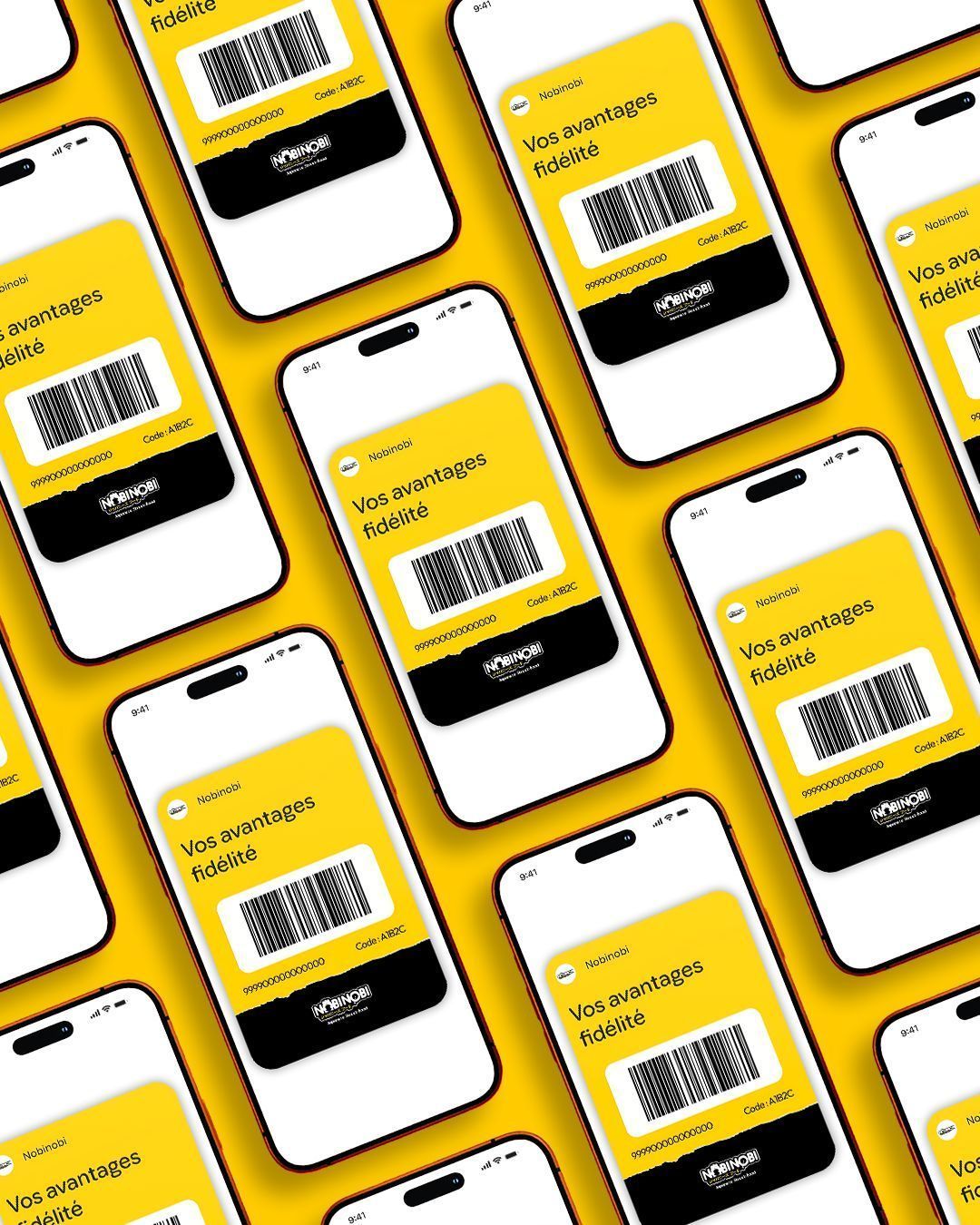 Varias pantallas de teléfonos muestran una aplicación de fidelidad con código de barras sobre un fondo amarillo brillante.