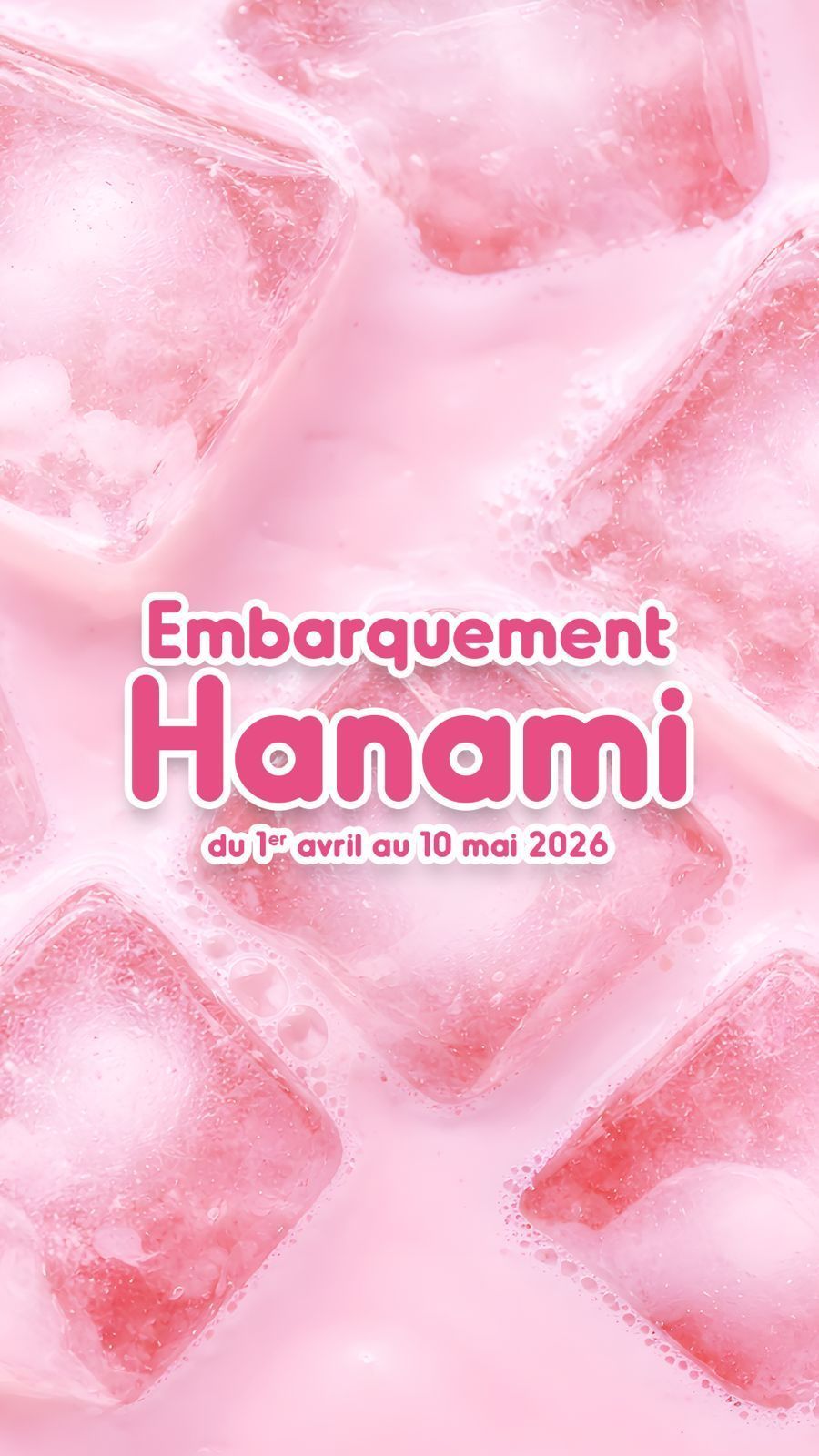 Close-up view of pink ice cubes in a drink promoting the Hanami event from April 1 to May 10, 2026.