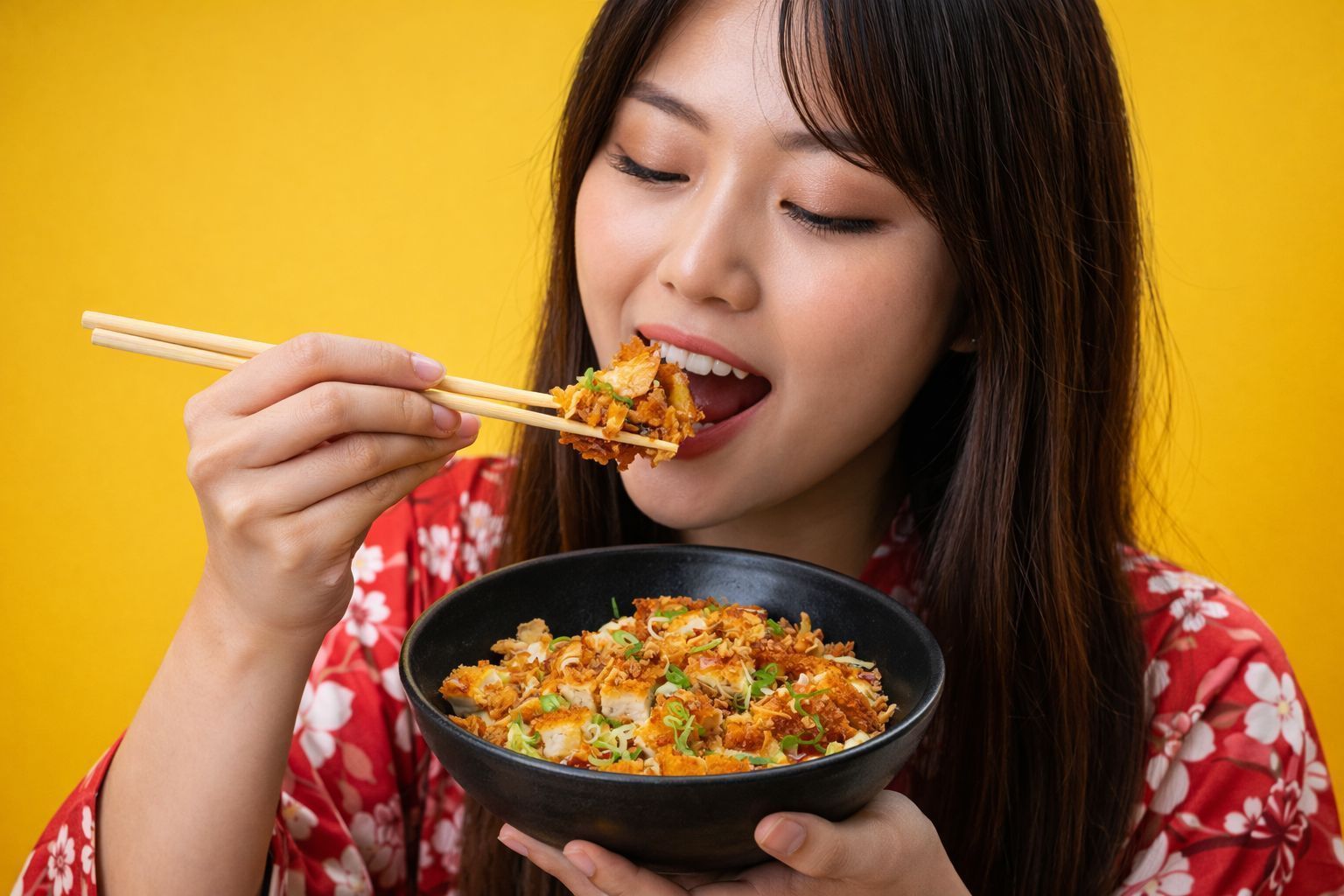 Femme mangeant un bol de nouilles asiatiques avec des baguettes sur un fond jaune uni.