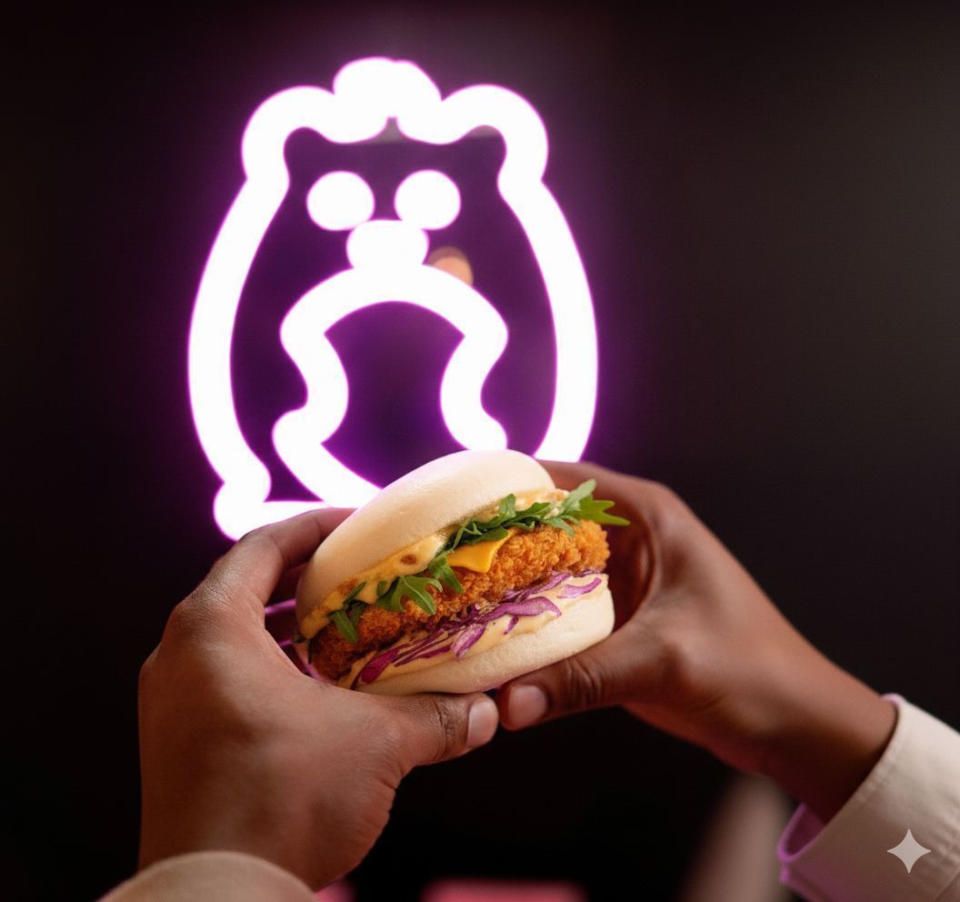 Bao burger garni de poulet crispy, salade et sauce, tenu à la main devant un néon représentant un personnage stylisé.