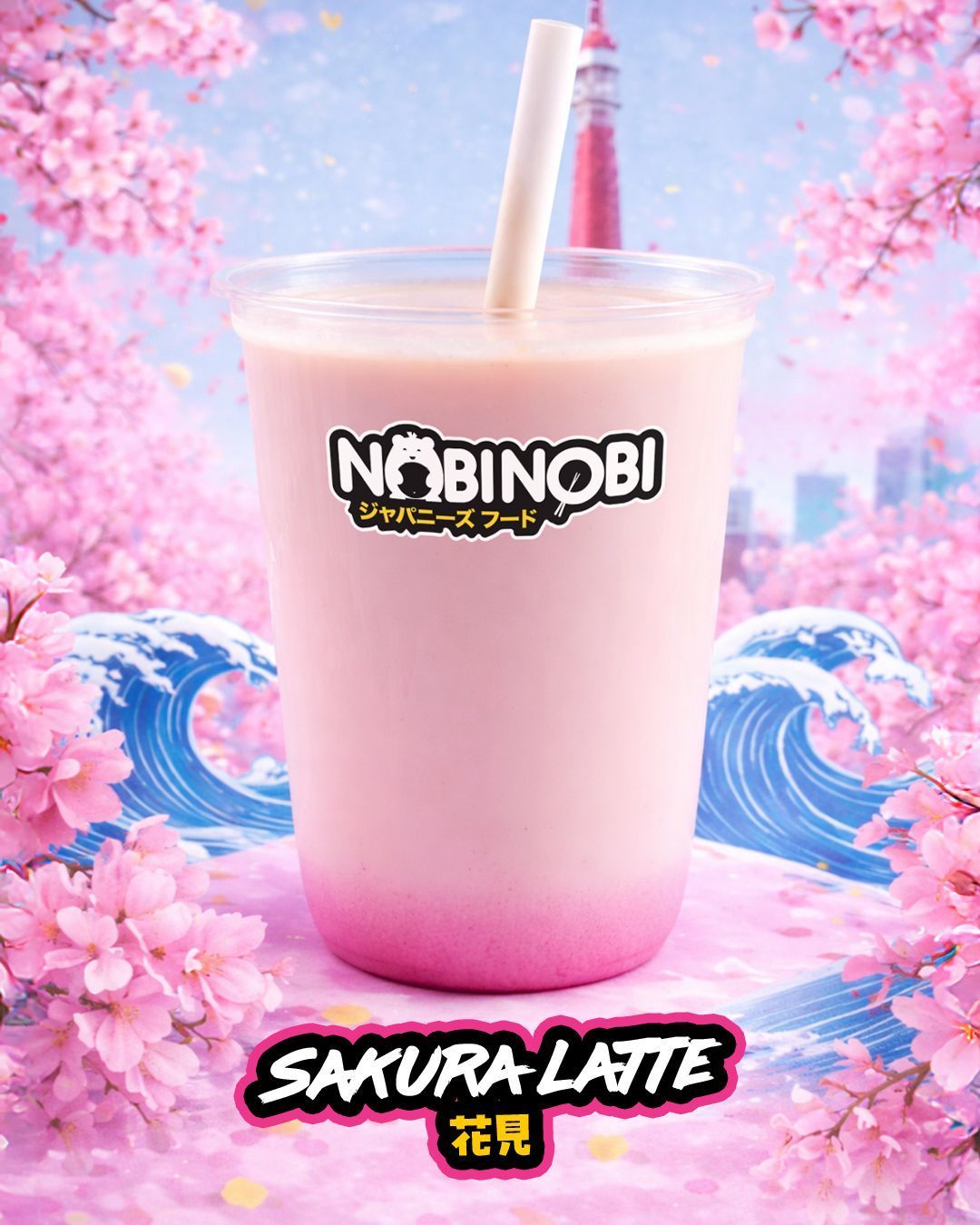 Bebida Sakura Latte de bubble tea con fondo de flores de cerezo y ondas estilo japonés en Nobi Nobi Bordeaux Victoire.